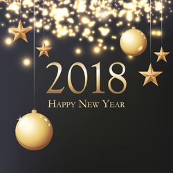 Card With Greeting - 2018 Happy New Year. Illustration With Gold Christmas Balls, Light, Stars And Place For Text. Flyer, Poster, Invitation Or Banner For New Year's 2018 Eve Party Celebration.