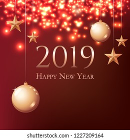 Card with greeting - 2019 Happy New Year. Gold Christmas balls, light, snowflackes, stars and place for text. Flyer, poster, invitation or banner for New Year's 2019 Eve Party celebration.