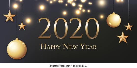 Card with greeting 2020 Happy New Year. Illustration with gold Christmas balls, light, stars and place for text. Flyer, poster, invitation or banner for New Year's 2020 Eve Party celebration.