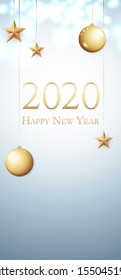 Card with greeting 2020 Happy New Year. Illustration with gold Christmas balls, light, stars and place for text. Flyer, poster, invitation or banner for New Year's 2020 Eve Party celebration.