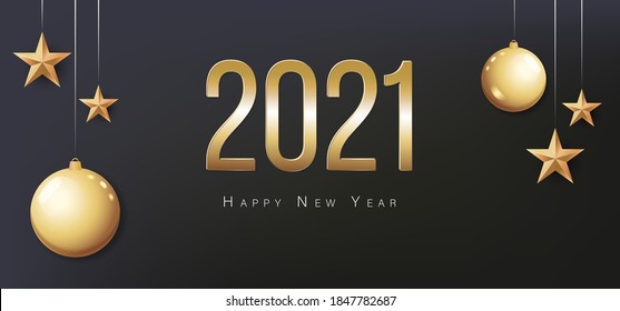 Card with greeting 2021 Happy New Year. Illustration with gold Christmas balls, light, stars and place for text. Flyer, poster, invitation or banner for New Year's 2021 Eve Party celebration.
