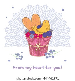 Card greeting with cake on the background of a round ornament. Baked muffin decorated cookies in the shape of a heart, bird sugar, berries and forget-me. Color, vector, isolated on background.