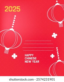 Card Greeting design gradient chinese new year 2025 outline illustraton, lantern with pattern seamless background