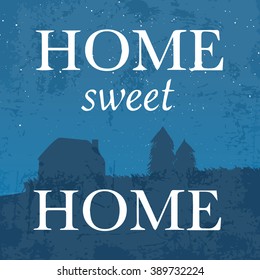 Card greeting card with forest and cottage. Different style of fonts 
