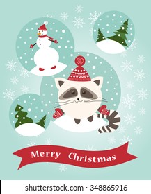 Card for greeting with raccoon and snowman. Merry Christmas.