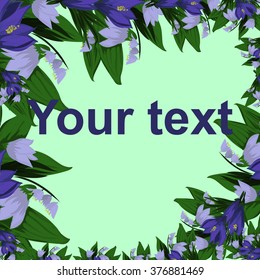 card greeting spring, in soft green,and purple colors, with inscription.