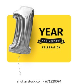 Card Greeting Template With Black Logo Text And Inflatable Balloon. First Year Life, Happy Birthday, Congratulations Poster Yellow Color Background. Highlight Text Invitation On Celebration Day Party