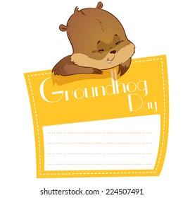 Card for Groundhog Day with sleepy marmot. Vector template card.