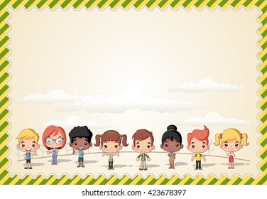 Card with a group of happy cartoon children playing
