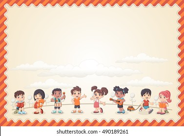 Carte avec un groupe d'enfants joyeux en train de jouer
