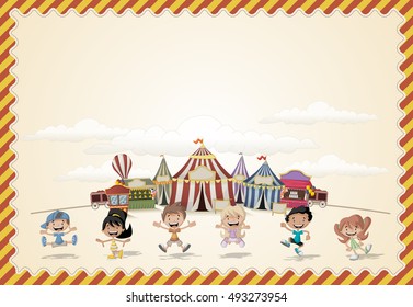 Card with a group of happy cartoon children playing in front of a retro circus. Vintage carnival background.