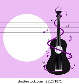 Card with a guitar and notes, vector illustration