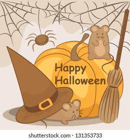 Card the Halloween 2 - pumpkin, mice, sweeper, web (Vector)