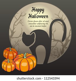 Card with Halloween Background with Black Cat and Pumpkins. Grouped for easy editing. Perfect for invitations or announcements.