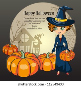 Card with Halloween Background with witch in a hat and pumpkins. Grouped for easy editing. Perfect for invitations or announcements.