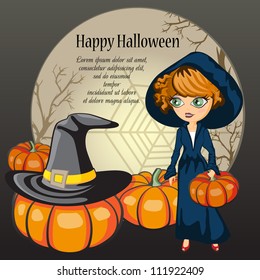 Card with Halloween Background with witch and pumpkins. Grouped for easy editing. Perfect for invitations or announcements.