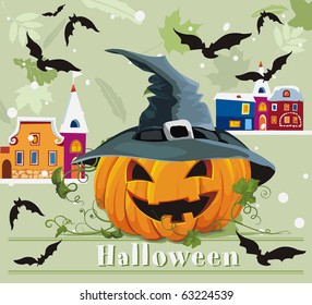Card for Halloween Congratulations with pumpkin and bats. Vector framework for invitations.