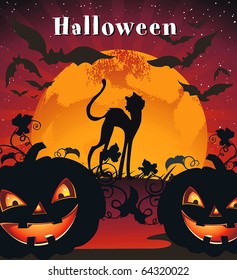 Card for Halloween Congratulations with pumpkin, bats and cat. Vector framework for invitations.