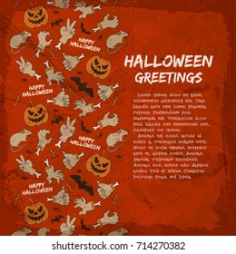 Card with halloween greetings animals lanterns of jack hands and gestures on textured red background vector illustration