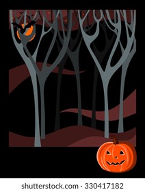Card for Halloween holiday. Night forest, moon, bat and pumpkin. Vector illustration. 