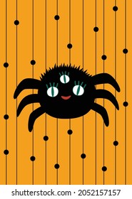 Card for Halloween kids. Spider, lines, dots on orange background in cute Halloween theme. Vector flat style illustration. Decoration for Party.