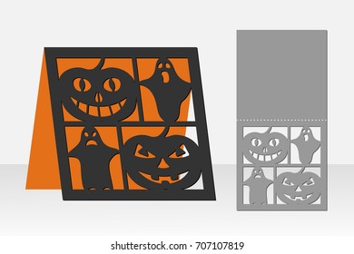 Tarjeta de calabaza de Halloween para el corte por láser. Diseño de silueta. Ilustración vectorial.