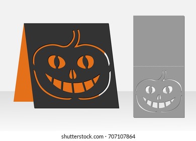 Card Halloween pumpkin for laser cutting. Silhouette design. Vector illustration.