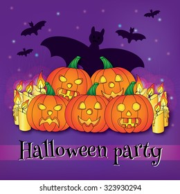 Card for Halloween with pumpkins, candles and bats and inspiration: Halloween party
