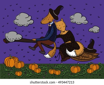 Card Halloween. Romantic couple foxes flying on a broom through the field. On the field grow pumpkins. Warlock and witch