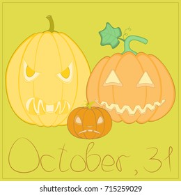 Card for Halloween with three pumpkins and the date of the holiday