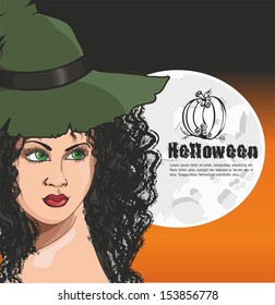 Card for Halloween with a witch in a hat
