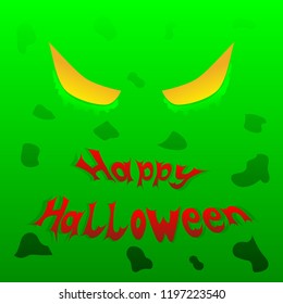 card for a Halloween with yellow eyes on green background