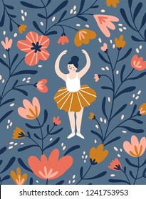 Card with hand drawn ballerina in the floral frame. Cute dancing girl isolated on the floral background. Vector vintage illustration.