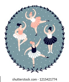 Card with hand drawn  ballerinas. Cute dancing girls isolated on the polka dots background. Vector vintage illustration. 
