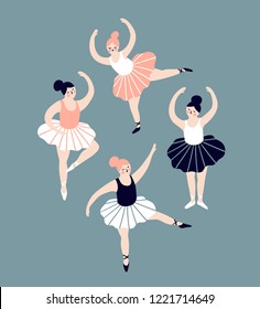 Card with hand drawn  ballerinas. Cute dancing girls isolated on blue background. Vector vintage illustration