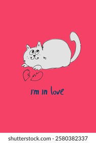 Card with hand drawn cat like a sketch. Vector element for greeting card, social media post. Love, Romance, Valentines Day concept