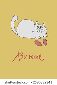 Card with hand drawn cat like a sketch. Vector element for greeting card, social media post. Love, Romance, Valentines Day concept