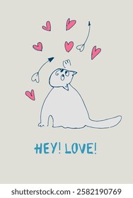 Card with hand drawn cat like a sketch. Vector element for greeting card, social media post. Love, Romance, Valentines Day concept