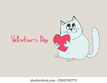 Card with hand drawn cat like a sketch. Vector element for greeting card, social media post. Love, Romance, Valentines Day concept