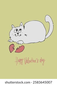 Card with hand drawn cat like a sketch. Vector element for greeting card, social media post. Love, Romance, Valentines Day concept