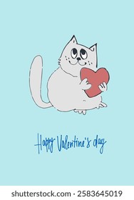 Card with hand drawn cat like a sketch. Vector element for greeting card, social media post. Love, Romance, Valentines Day concept