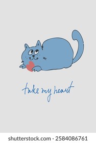 Card with hand drawn cat like a sketch. Vector element for greeting card, social media post. Love, Romance, Valentines Day concept