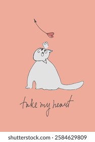 Card with hand drawn cat like a sketch. Vector element for greeting card, social media post. Love, Romance, Valentines Day concept