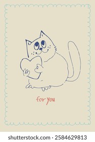 Card with hand drawn cat like a sketch. Vector element for greeting card, social media post. Love, Romance, Valentines Day concept