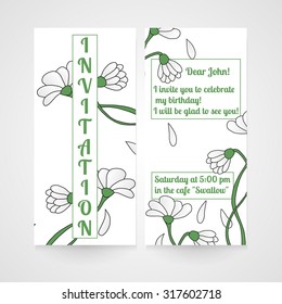 Card with hand drawn chamomiles. Invitation for birthday. Vector illustration.