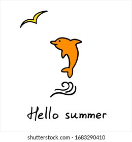 Card with hand drawn dolphin, wave, seagull and hand drawn inscription Summer.