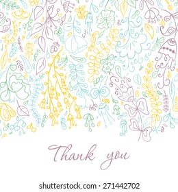 Card with hand drawn doodle flowers. Hand drawn design for Thank you card, Greeting card or Invitation. Vector illustration.