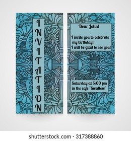 Card with hand drawn doodle pattern. Invitation for birthday. Vector illustration.