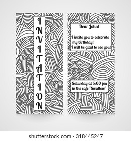 Card with hand drawn doodle pattern. Invitation for birthday. Vector illustration.