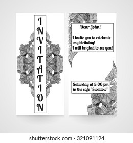 Card with hand drawn doodle pattern. Invitation for birthday. Vector illustration.